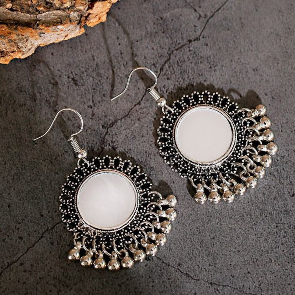 Silver tone round mirror style dangling bell Indian earrings NWT